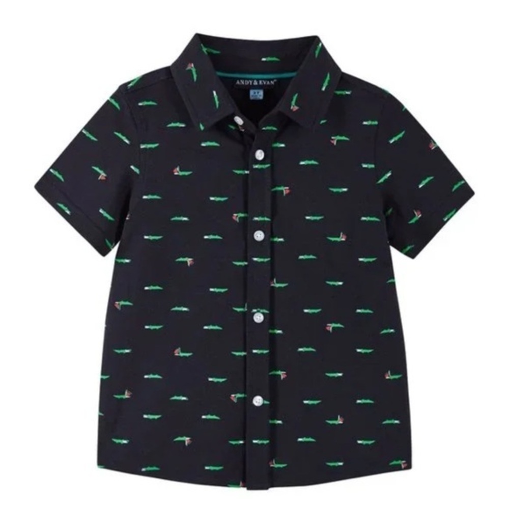 Andy & Evan Boy’s Crocodile Full Button Up Polo-Style shirt Size 6 Navy Blue